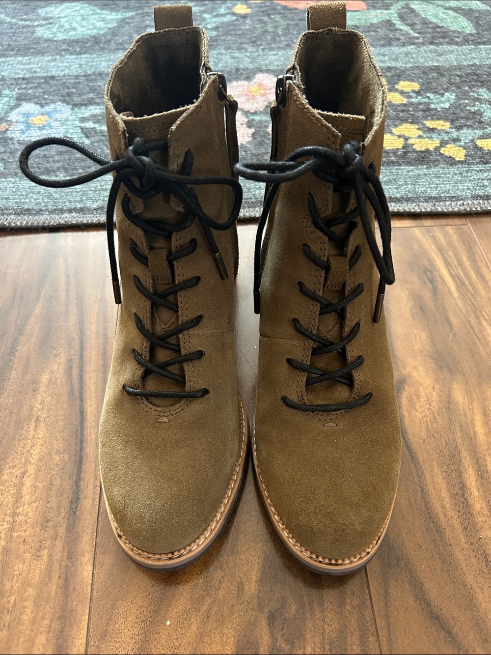 TOMS Finn Olive Suede Lace-Up Ankle Boots with Stacked Heel